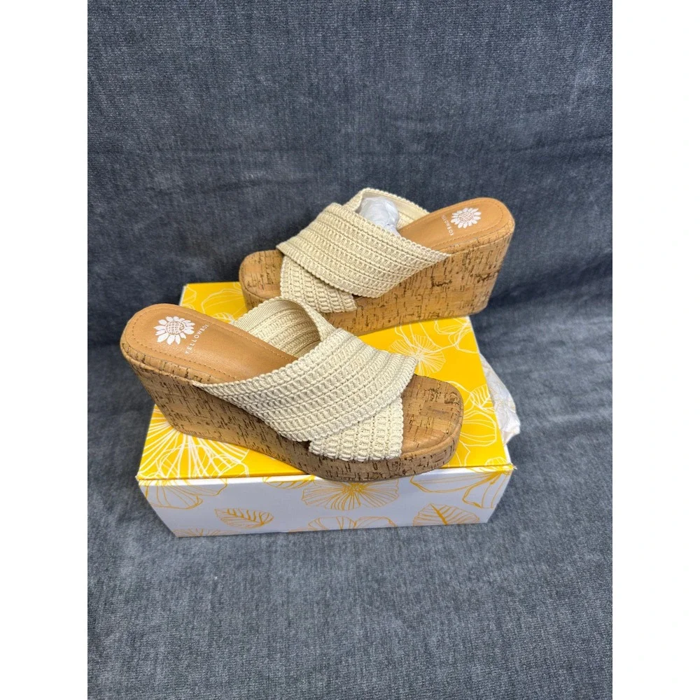 Yellow Box Halva Sandals Womens 7 Natural Woven Cork High Wedge Platform Slide